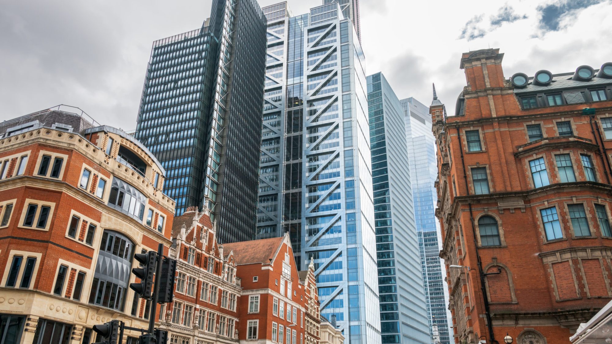 View of London City financial district with skyscrapers and old buildings, United Kingdom